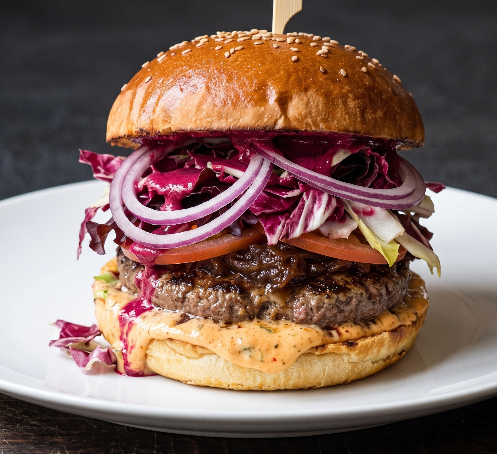 Burger signature aux tons rouges : coulis de betterave, oignons, salade rouge, sauce choron